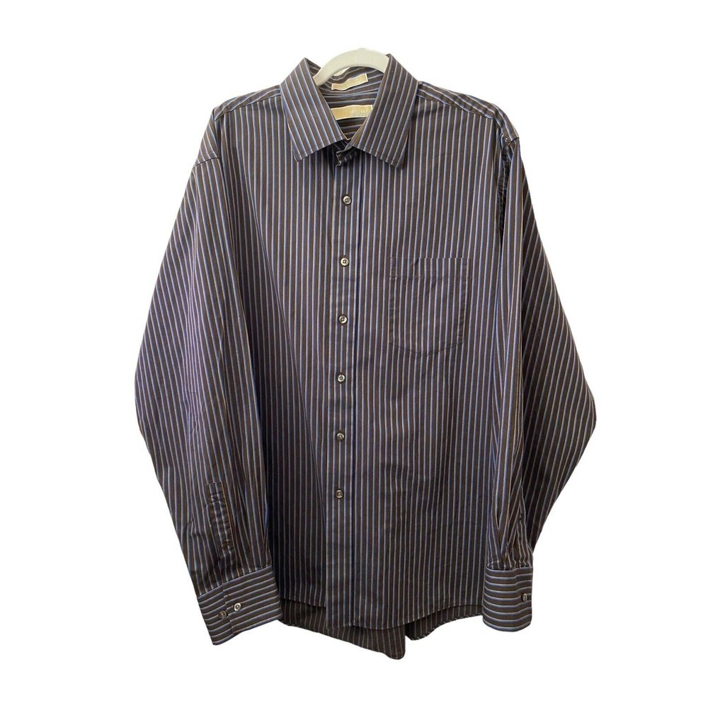 Michael‎ Kors Dark Brown & Blue Striped Long Sleeve Button Up Shirt Mens XL 17.5